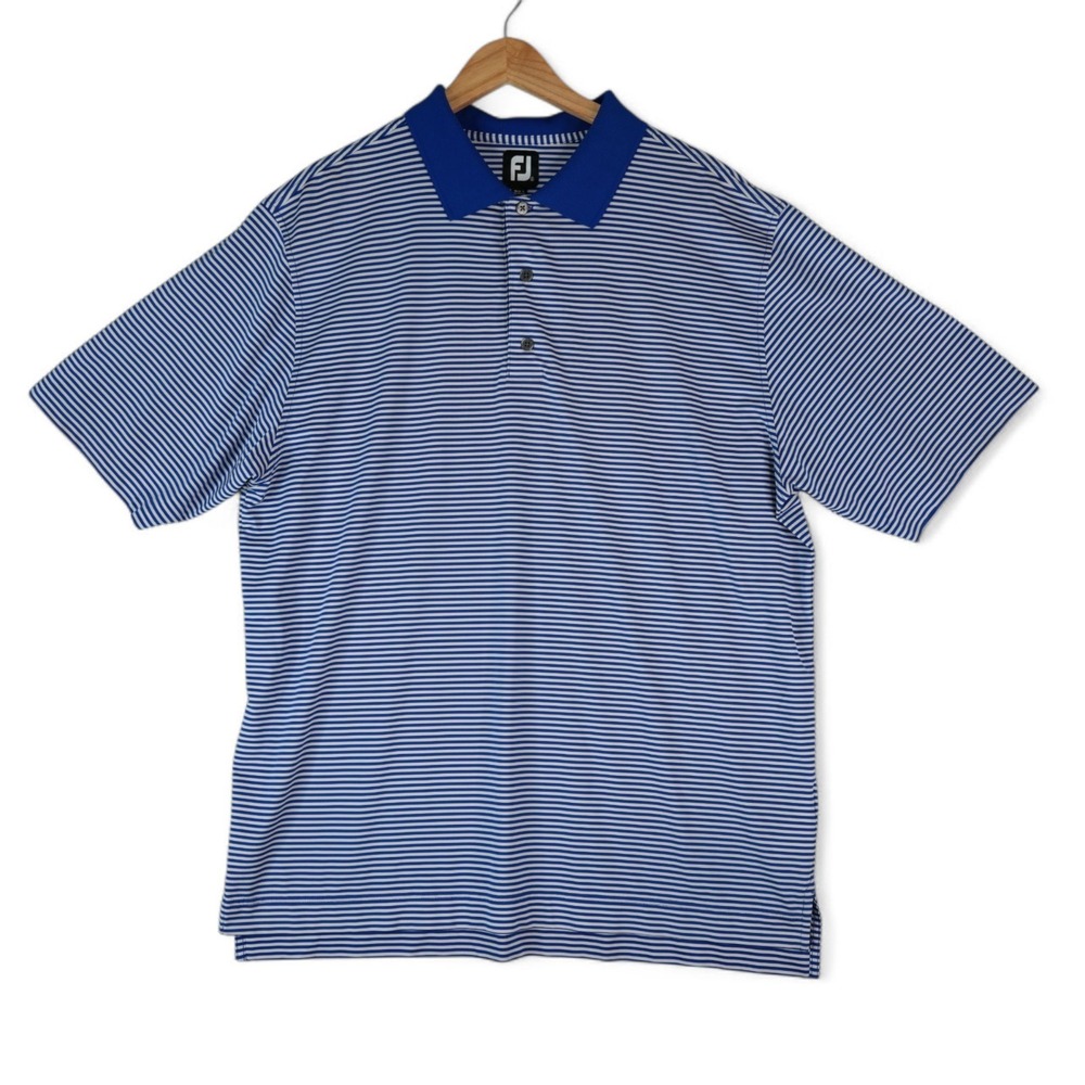 FootJoy Golf Polo Shirt‎ Mens XL Blue Striped Performance Stretch FJ Logo